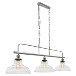 Long Life Lamps Company Industrial Ceiling Brush Chrome Bar 3 Clear Glass Lamp Shade Pendant Light H3011