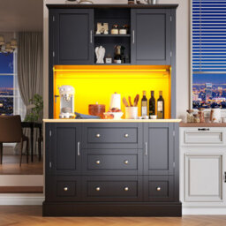 Btm Tall Snack Cabinet Kitchen Sideboard 115 X 40 X 180 Cm With Drawers Led Lighting For Dining Living Room Black