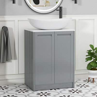 Royal Bathrooms Royal Bathroom Elmore 600mm Matt Pebble Grey Freestanding Bathroom Vanity Unit 2 Door Plain White Worktop With Cesar Basin - image 1