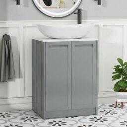 Royal Bathrooms Royal Bathroom Elmore 600mm Matt Pebble Grey Freestanding Bathroom Vanity Unit 2 Door Plain White Worktop With Cesar Basin - thumbnail 1