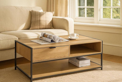 Celino Coffee Table Oak Effect With Storage Steel Frame Living Room Furniture (H)40Cm (W) 50Cm (L) 100Cm - image 1