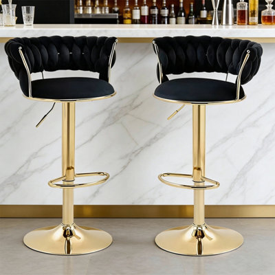 2Pcs Black Gold Velvet Bar Stools Swivel Breakfast Chair With Armrests - image 1