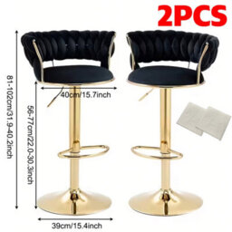 2Pcs Black Gold Velvet Bar Stools Swivel Breakfast Chair With Armrests - thumbnail 2