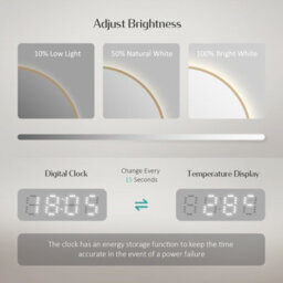 Emke Bathroom Mirror With Led Lights, 600mm Illuminated Backlit Gold Border Mirror With Demister, Touch, Dimmable, Clock - thumbnail 4