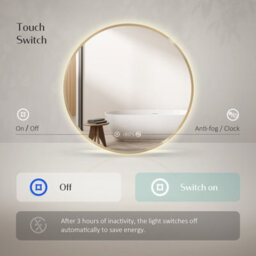 Emke Bathroom Mirror With Led Lights, 600mm Illuminated Backlit Gold Border Mirror With Demister, Touch, Dimmable, Clock - thumbnail 3