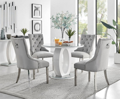 Furniturebox Giovani Round 4 Seat 100Cm White High Gloss Halo Base Grey Glass Top Dining Table 4 Grey Velvet Silver Leg Belgravia Chairs - image 1