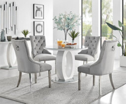 Furniturebox Giovani Round 4 Seat 100Cm White High Gloss Halo Base Grey Glass Top Dining Table 4 Grey Velvet Silver Leg Belgravia Chairs
