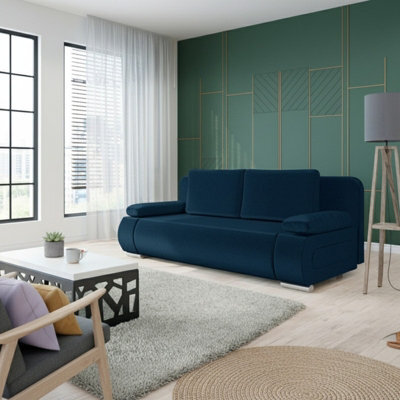 Emma 3 Seater Sofa Bed With Storage Upholstered Back Pillows 200Cm Sleeping Area 200 143Cm Blue - image 1