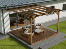 Arbor Garden Solutions Wall Mounted Pergola And Decking Complete Diy Kit, Longhorn Design (2.4M X 2.4M, Rustic Brown Finish) - thumbnail 3