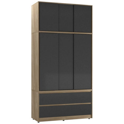 Urbn-Living Urbnliving 240Cm Height Oak Carcass 6 Sliding Black Door 4 Drawer Freestanding Wardrobe Clothes Storage Hanging Rail Bedroom - image 1