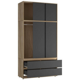 Urbn-Living Urbnliving 240Cm Height Oak Carcass 6 Sliding Black Door 4 Drawer Freestanding Wardrobe Clothes Storage Hanging Rail Bedroom - thumbnail 7