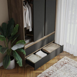 Urbn-Living Urbnliving 240Cm Height Oak Carcass 6 Sliding Black Door 4 Drawer Freestanding Wardrobe Clothes Storage Hanging Rail Bedroom - thumbnail 6