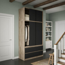 Urbn-Living Urbnliving 240Cm Height Oak Carcass 6 Sliding Black Door 4 Drawer Freestanding Wardrobe Clothes Storage Hanging Rail Bedroom - thumbnail 8