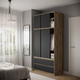 Urbn-Living Urbnliving 240Cm Height Oak Carcass 6 Sliding Black Door 4 Drawer Freestanding Wardrobe Clothes Storage Hanging Rail Bedroom - thumbnail 3