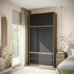 Urbn-Living Urbnliving 240Cm Height Oak Carcass 6 Sliding Black Door 4 Drawer Freestanding Wardrobe Clothes Storage Hanging Rail Bedroom - thumbnail 2