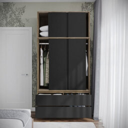 Urbn-Living Urbnliving 240Cm Height Oak Carcass 6 Sliding Black Door 4 Drawer Freestanding Wardrobe Clothes Storage Hanging Rail Bedroom - thumbnail 5