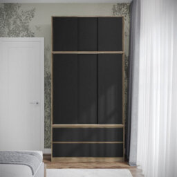 Urbn-Living Urbnliving 240Cm Height Oak Carcass 6 Sliding Black Door 4 Drawer Freestanding Wardrobe Clothes Storage Hanging Rail Bedroom - thumbnail 4