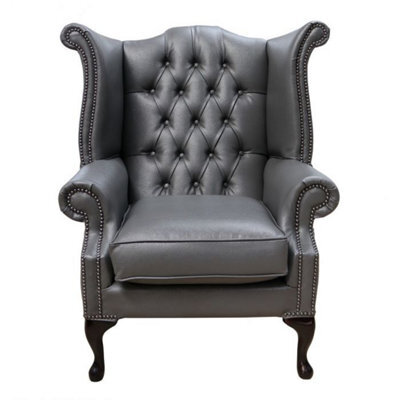Chesterfield High Back Wing Chair Bonded Grey Leather Bespoke In Queen Anne Style - image 1