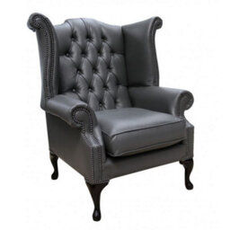 Chesterfield High Back Wing Chair Bonded Grey Leather Bespoke In Queen Anne Style - thumbnail 2