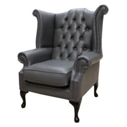 Chesterfield High Back Wing Chair Bonded Grey Leather Bespoke In Queen Anne Style - thumbnail 3