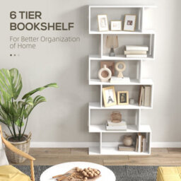 Homcom 6-Tier Wooden Modern S-Shaped Shelf Storage Unit Home Office White - thumbnail 4