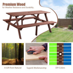 Birchtree Garden Patio Pub Picnic Wooden Table Bench Set 4 Seats Outdoor Brown - thumbnail 2