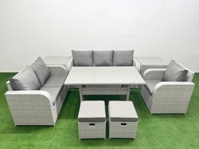 Fimous Pe Wicker 8 Seater Outdoor Rattan Furniture Sofa Sets Reclining Chair 3 Seater Sofa Stool 2 Side Table Light Grey - image 1