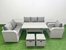 Fimous Pe Wicker 8 Seater Outdoor Rattan Furniture Sofa Sets Reclining Chair 3 Seater Sofa Stool 2 Side Table Light Grey - thumbnail 1