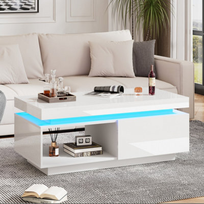 White High Gloss Led Coffee Table With Drawer Storage, Open Display Shelf And Rgb Lighting - image 1