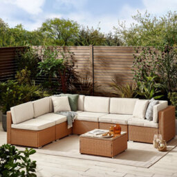 Furniturebox Orlando Beige Rattan Garden Sofa - Modular Outdoor Patio Garden Sofa, Table & 6 Chairs Garden Corner Sofa Set + Cover