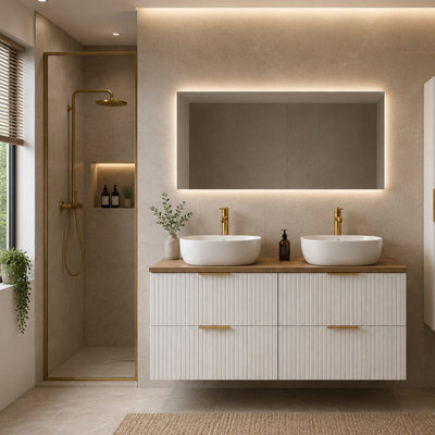Impact Furniture Bathroom Double Vanity Unit Basins Oak Countertop 1200mm Worktop Ribbed Fluted White Drawers Wall Hung Adel - image 1