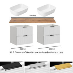 Impact Furniture Bathroom Double Vanity Unit Basins Oak Countertop 1200mm Worktop Ribbed Fluted White Drawers Wall Hung Adel - thumbnail 6