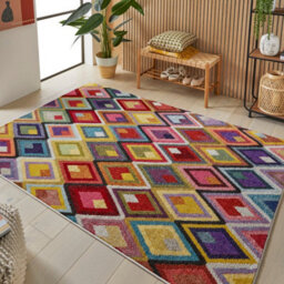 Multi Geometric Modern Easy To Clean Chequered  Rug For Dining Room-80Cm X 150Cm - thumbnail 1