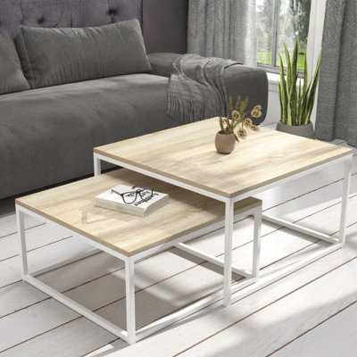 Kama 2 Piece Coffee Table Set Metal Base Legs White With Sonoma Oak Tops Modern Matching Duo In Large And Small Sizes - image 1