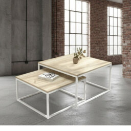 Kama 2 Piece Coffee Table Set Metal Base Legs White With Sonoma Oak Tops Modern Matching Duo In Large And Small Sizes - thumbnail 2