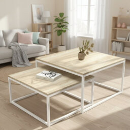 Kama 2 Piece Coffee Table Set Metal Base Legs White With Sonoma Oak Tops Modern Matching Duo In Large And Small Sizes - thumbnail 3