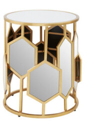 Orsina Luxe Side Table With Hexagonal Mirror, Modern Design Gold Finish Bedside Table, Round Table With Glass Top - thumbnail 2