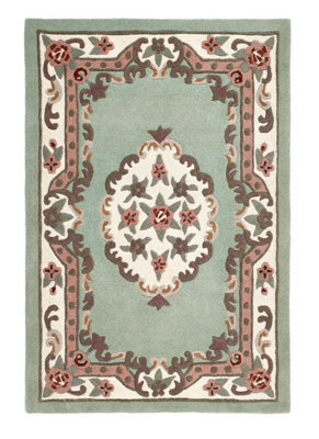 Green Traditional Wool Rug, Handmade Rug With 25mm Thickness, Green Floral Rug For Bedroom, & Living Room-150Cm X 240Cm