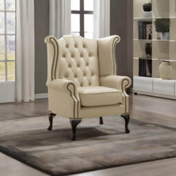 Chesterfield High Back Wing Chair Shelly Ivory Cream Leather Bespoke In Queen Anne Style - thumbnail 3