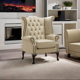 Chesterfield High Back Wing Chair Shelly Ivory Cream Leather Bespoke In Queen Anne Style - thumbnail 2