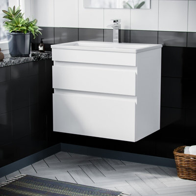 Nes Home White 600mm Pvc 2 Drawer Wall Hung Vanity Cabinet And Slim Basin Unit - image 1