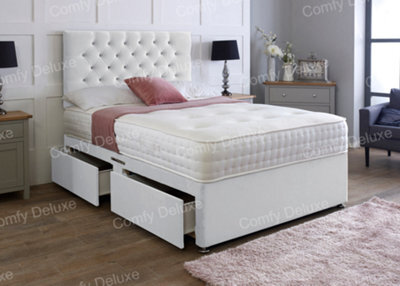 Comfy Deluxe 4Ft Small Double White Plush Velvet Pocket Divan Bed & Chesterfield Headboard 2 Drawers Same Side