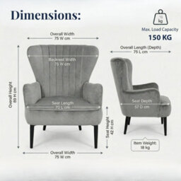 Evre Velvet Armchair, Large High Back Accent Reading Chairs For Living Room, Bedroom Or Office, Grey - thumbnail 2