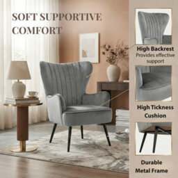 Evre Velvet Armchair, Large High Back Accent Reading Chairs For Living Room, Bedroom Or Office, Grey - thumbnail 3