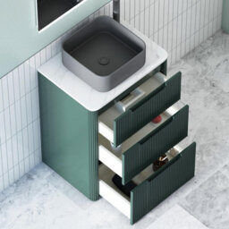 Royal Bathrooms Avenza 600mm Deep Moss Green Floor Standing Countertop Bathroom Vanity Unit 3 Drawer With Art Square Basin - thumbnail 5