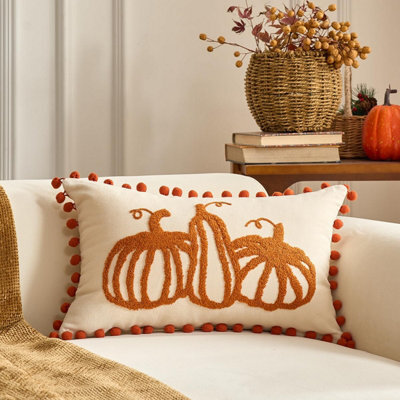 Amorly Autumn Pumpkin Lumbar Cushion Cover 30X50Cm, Pom Pom Trim Boho Farmhouse Pillow Case Only No Insert For Fall Home Decor - image 1