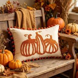 Amorly Autumn Pumpkin Lumbar Cushion Cover 30X50Cm, Pom Pom Trim Boho Farmhouse Pillow Case Only No Insert For Fall Home Decor - thumbnail 2