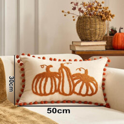 Amorly Autumn Pumpkin Lumbar Cushion Cover 30X50Cm, Pom Pom Trim Boho Farmhouse Pillow Case Only No Insert For Fall Home Decor - thumbnail 3