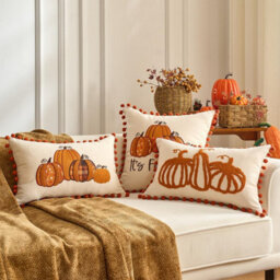 Amorly Autumn Pumpkin Lumbar Cushion Cover 30X50Cm, Pom Pom Trim Boho Farmhouse Pillow Case Only No Insert For Fall Home Decor - thumbnail 5