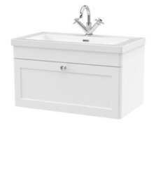 Balterley Swynnerton Traditional 1 Drawer Wall Hung Vanity Unit With Fireclay Basin, Satin White, 800mm